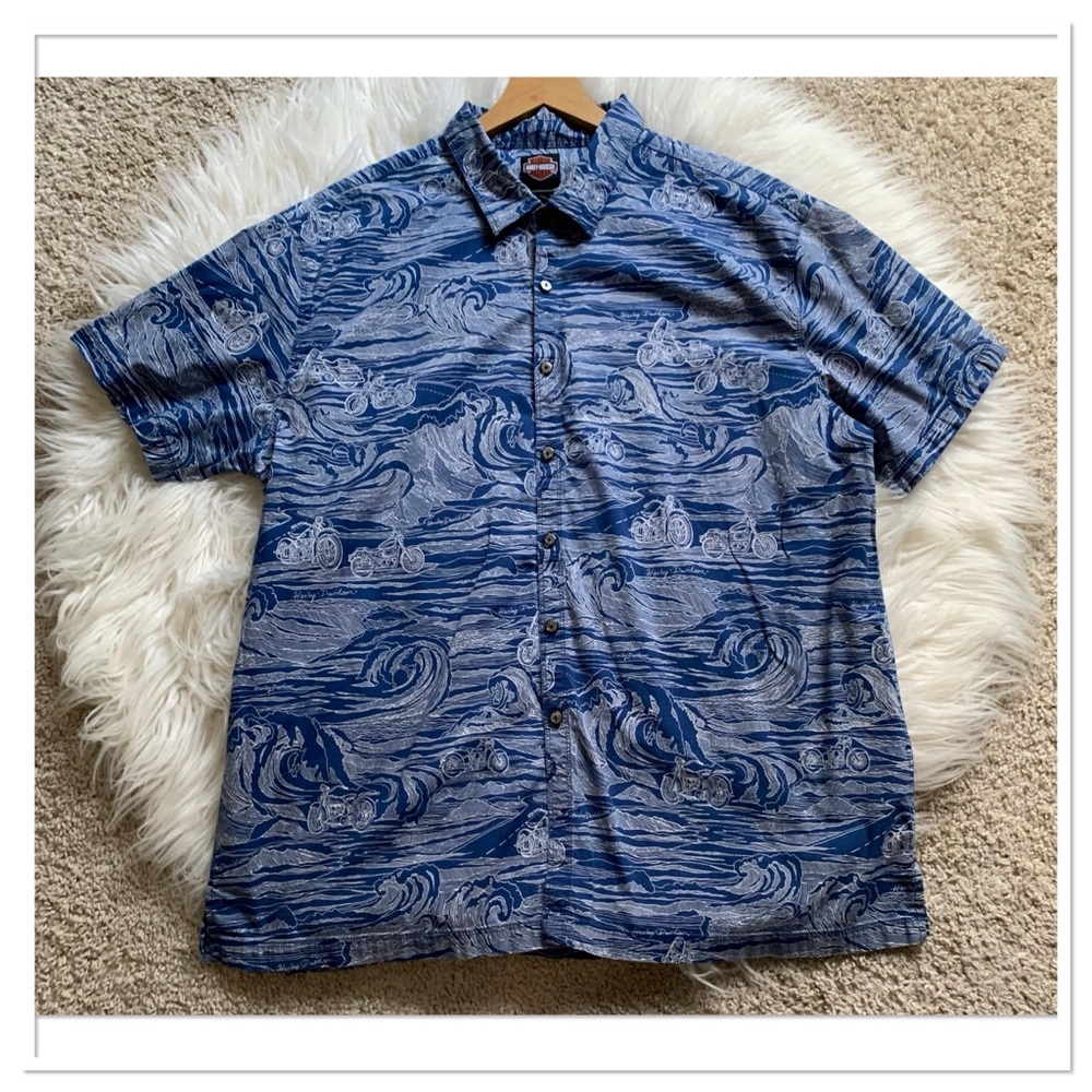 Harley-Davidson Wave Pattern Button Up Shirt Blue… - image 1